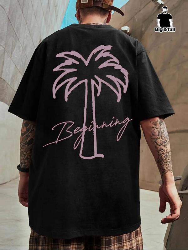 Men'WB shield Plus Size Coconut Tree Print Drop Shoulder Tee, Regular Fit Casual Streetwear FOG Comfy Round Neck Half...