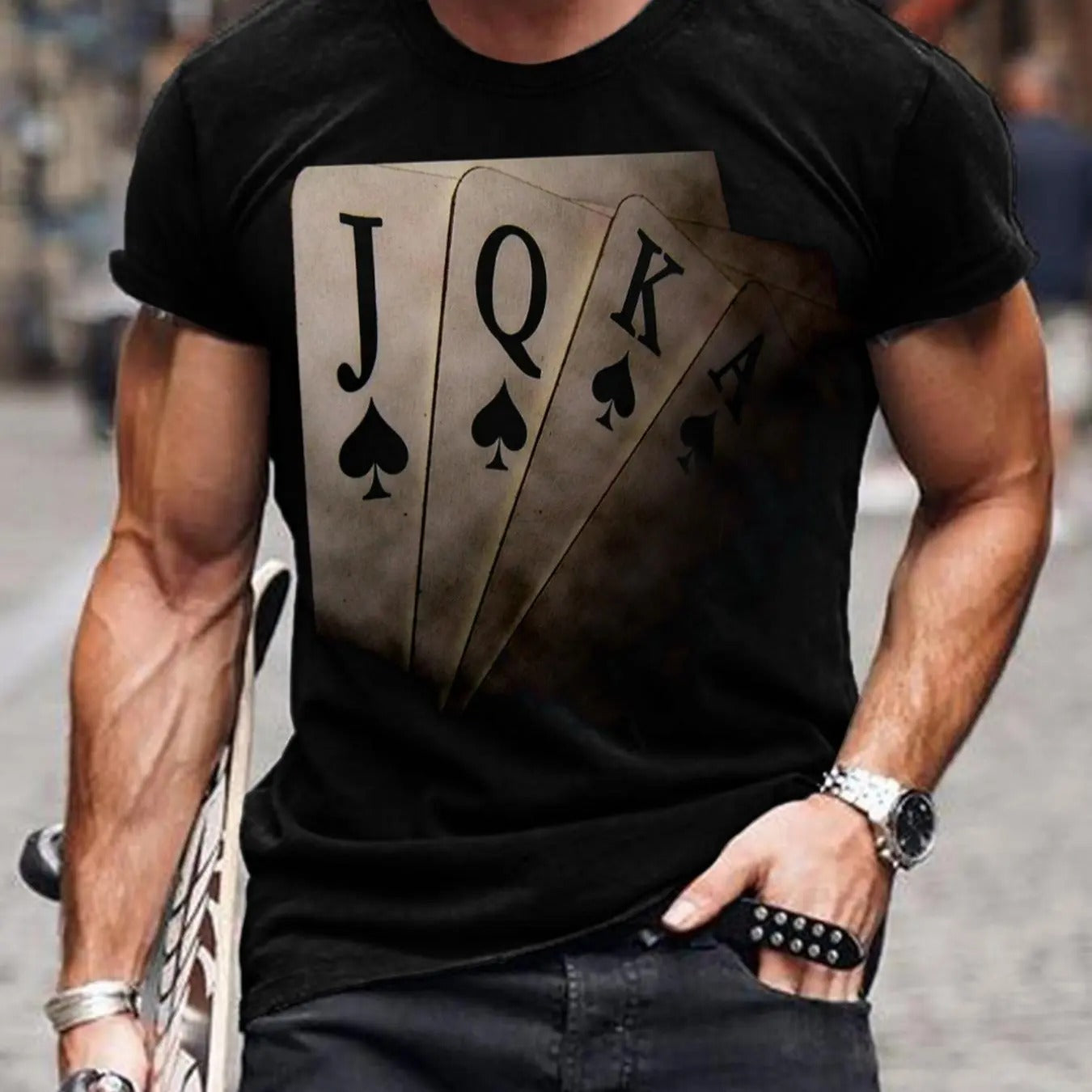 Men'WB shield Poker Print Round Neck Tee, Regular Fit Casual Short Sleeve T-shirt, Men'WB shield Summer Top for Daily...