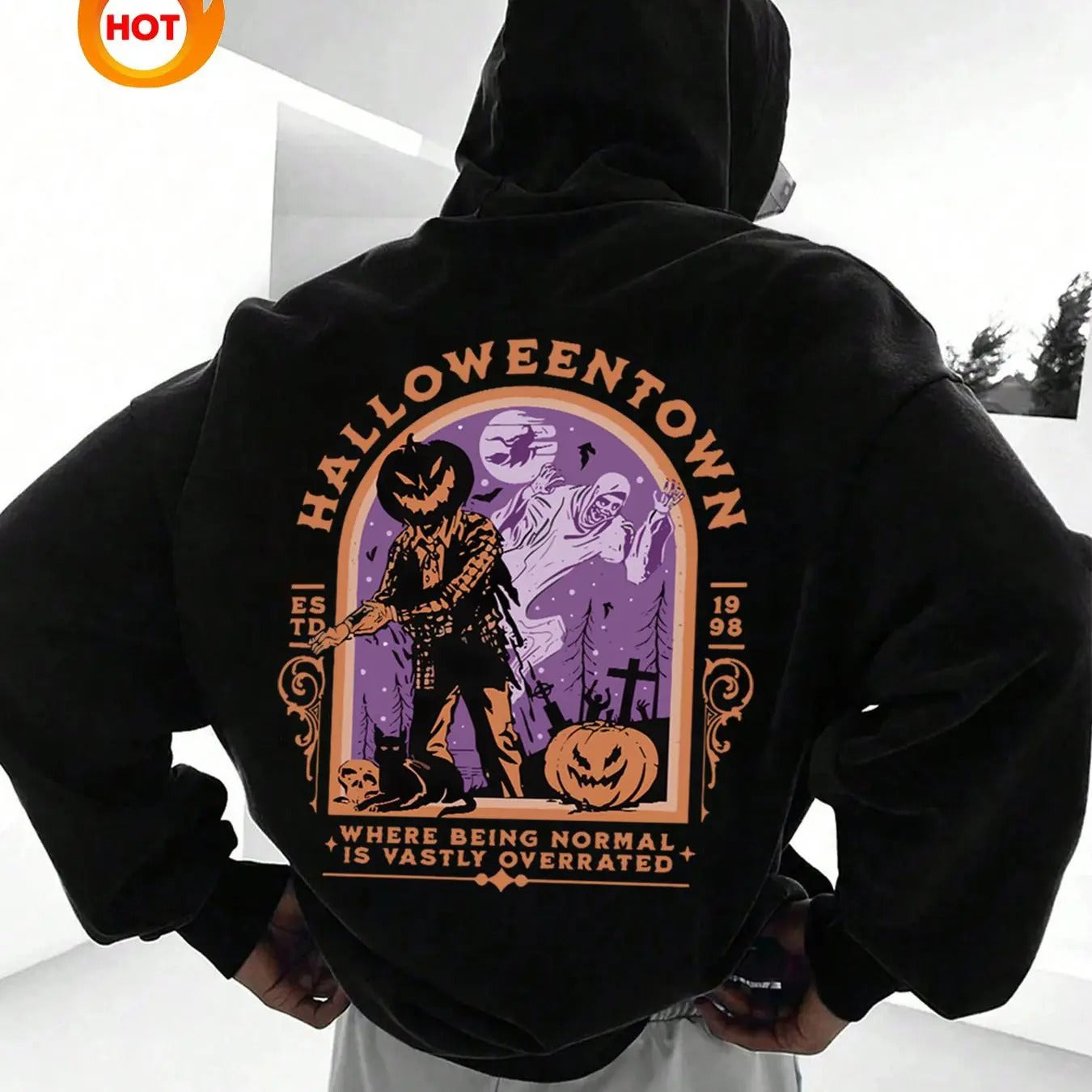 Men'WB shield Pumpkin Print Hoodie, Regular Fit Casual Street Letter Graphic Hooded Sweatshirt for Daily Holiday Outdoor...
