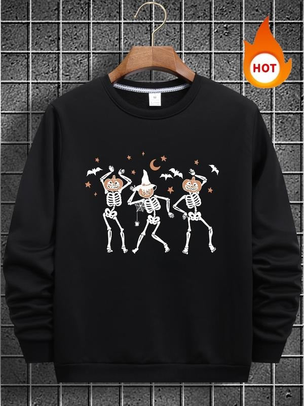 Men'WB shield Pumpkin Skeleton Print Fleece Lined Sweatshirt, Regular Fit Casual Long Sleeve Crew Neck Pullover for Fall...