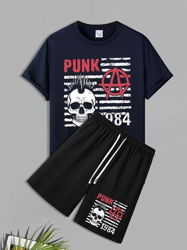 Men'WB shield Punk Skull Print Short Sleeve Tee & Letter Print Shorts Set, Regular Fit Casual Round Neck T-shirt &...