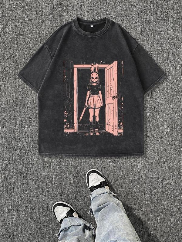 Men'WB shield Rabbit Mask Print Short Sleeve Graphic Washed Distressed Tee, Casual Comfy Round Neck T-shirt for Summer,...