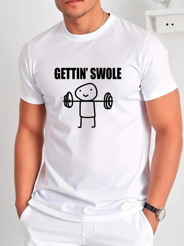 Men'WB shield Regular Fit "Gettin' Swole" Letter Print Round Neck Graphic Tee, Casual Short Sleeve T-shirt for Daily...
