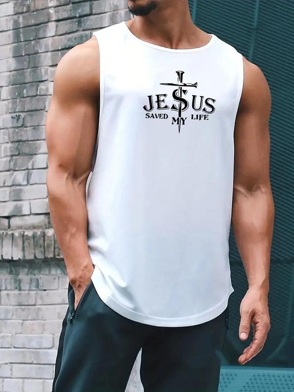 Men'WB shield Regular Fit "JESUS SAVED MY LIFE" Cross & Letter Print Tank Top, Casual Sleeveless Round Neck Top for Daily...