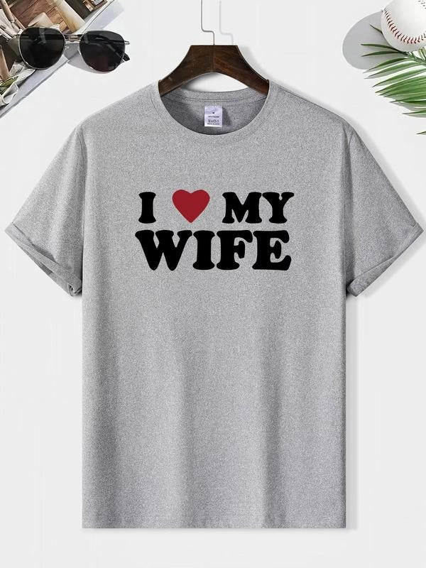 Men'WB shield Regular Fit "Swoosh Love My Wife" Print Round Neck Tee, Casual Short Sleeve Crew Neck T-shirt for Summer,...
