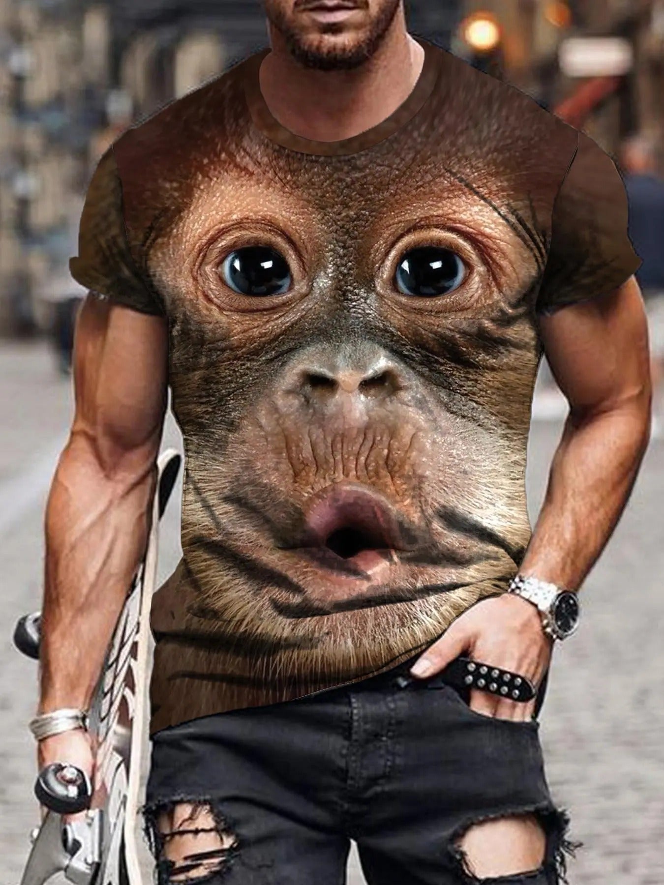 Men'WB shield Regular Fit Animal Print Round Neck Tee, Monkey Print Short Sleeve Crew Neck T-shirt for Summer, Casual...