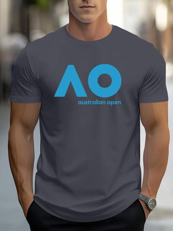 Men'WB shield Regular Fit Australian Open Letter Print Round Neck Tee, Casual Short Sleeve Crew Neck T-shirt for Daily...
