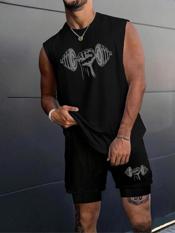 Men'WB shield Regular Fit Barbell Print Tank Top & Shorts Set, Casual Sleeveless Top & Shorts, Men'WB shield Summer TNF...