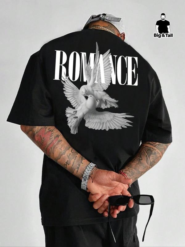 Men'WB shield Regular Fit Bird Print Drop Shoulder Tee, Casual Comfy Letter Print Half Sleeve Round Neck T-shirt for...