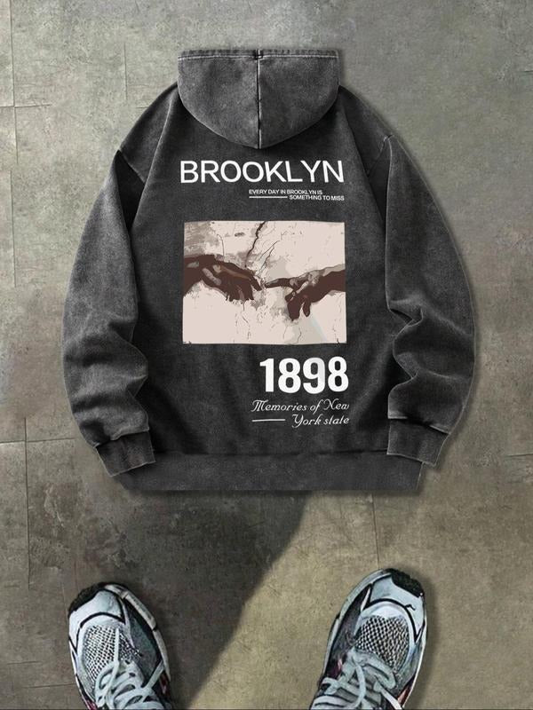 Men'WB shield Regular Fit Broken Hand Print Hoodie, Casual Street Retro Long Sleeve Hooded Sweatshirt for Spring & Fall,...