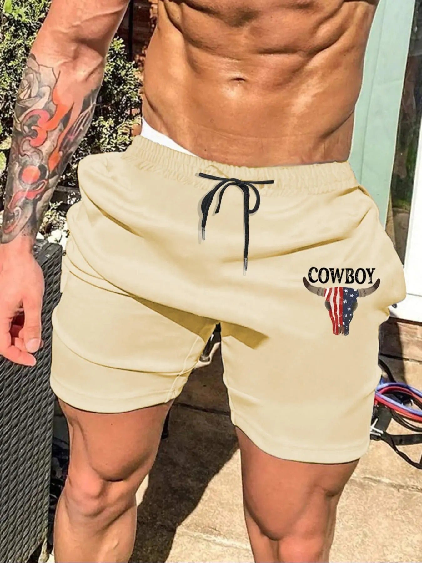 Men'WB shield Regular Fit Bull & Letter Print Drawstring Waist Shorts, Casual Elastic Waist Pocket Track Shorts for...