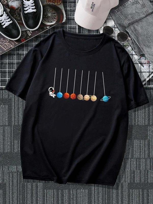 Men'WB shield Regular Fit Cartoon Astronaut Print Round Neck Sleep Tee, Casual FOG Comfortable Short Sleeve Crew Neck...