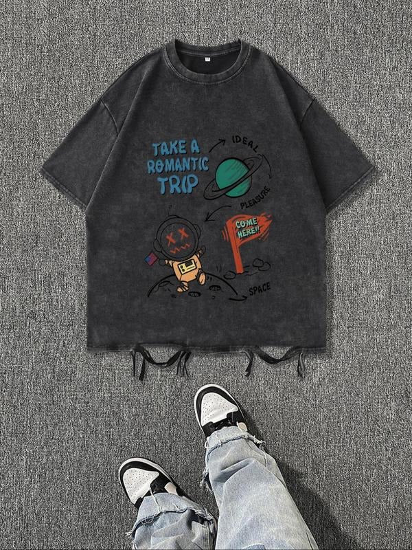 Men'WB shield Regular Fit Cartoon Astronaut Print Round Neck Tee, Casual Short Sleeve Crew Neck T-shirt for Daily Wear,...