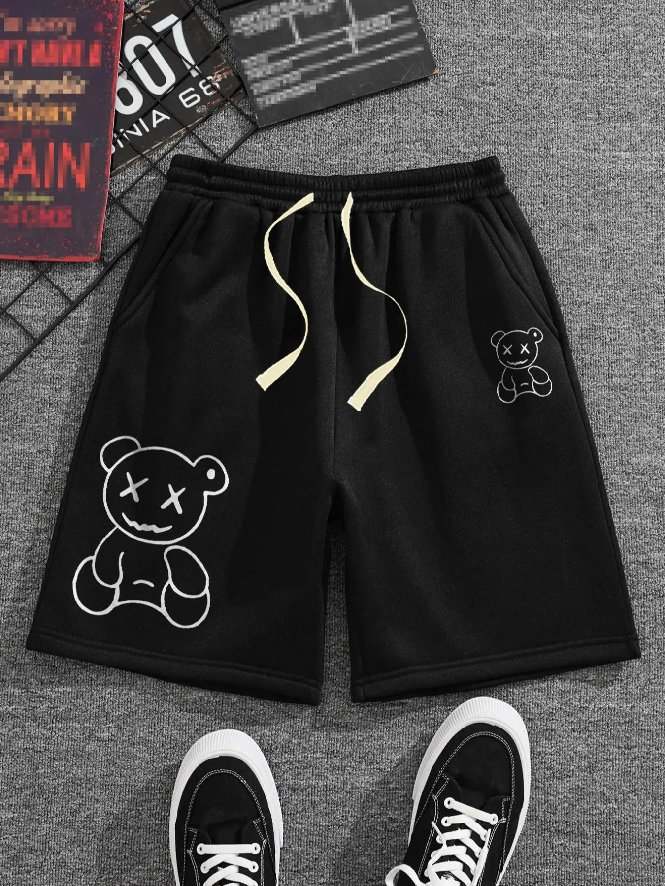 Men'WB shield Regular Fit Cartoon Bear Print Drawstring Waist Shorts, Casual Elastic Waist Pocket Track Shorts for...