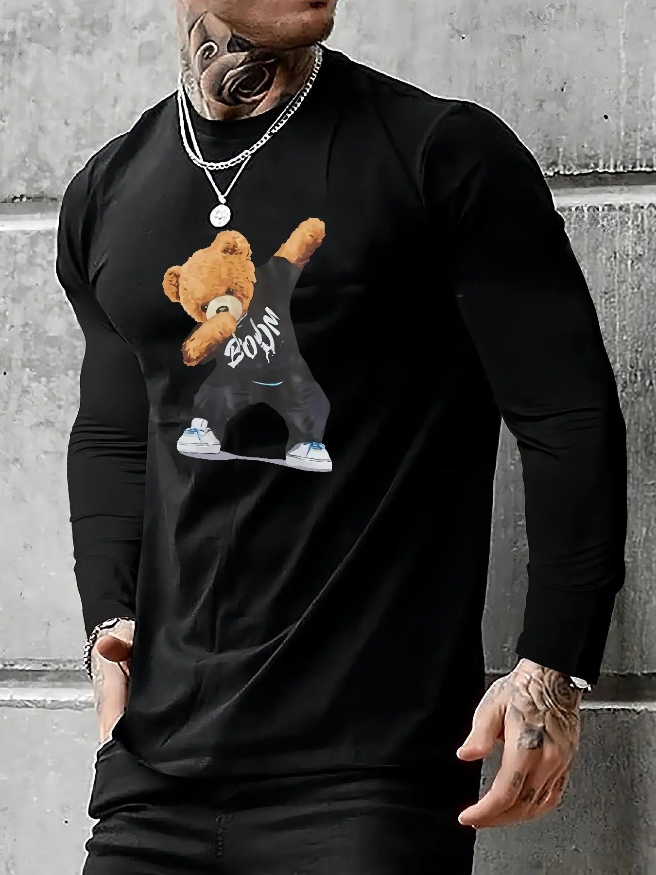 Men'WB shield Regular Fit Cartoon Bear Print Round Neck Tee, Drop Shoulder Graphic Long Sleeve T-shirt, Fashion Casual...