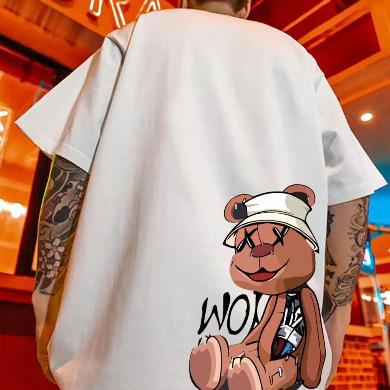 Men'WB shield Regular Fit Cartoon Bear Print Round Neck Tee, Summer TNF Printed Crew Neck Short Sleeve T-Shirt For Women,...