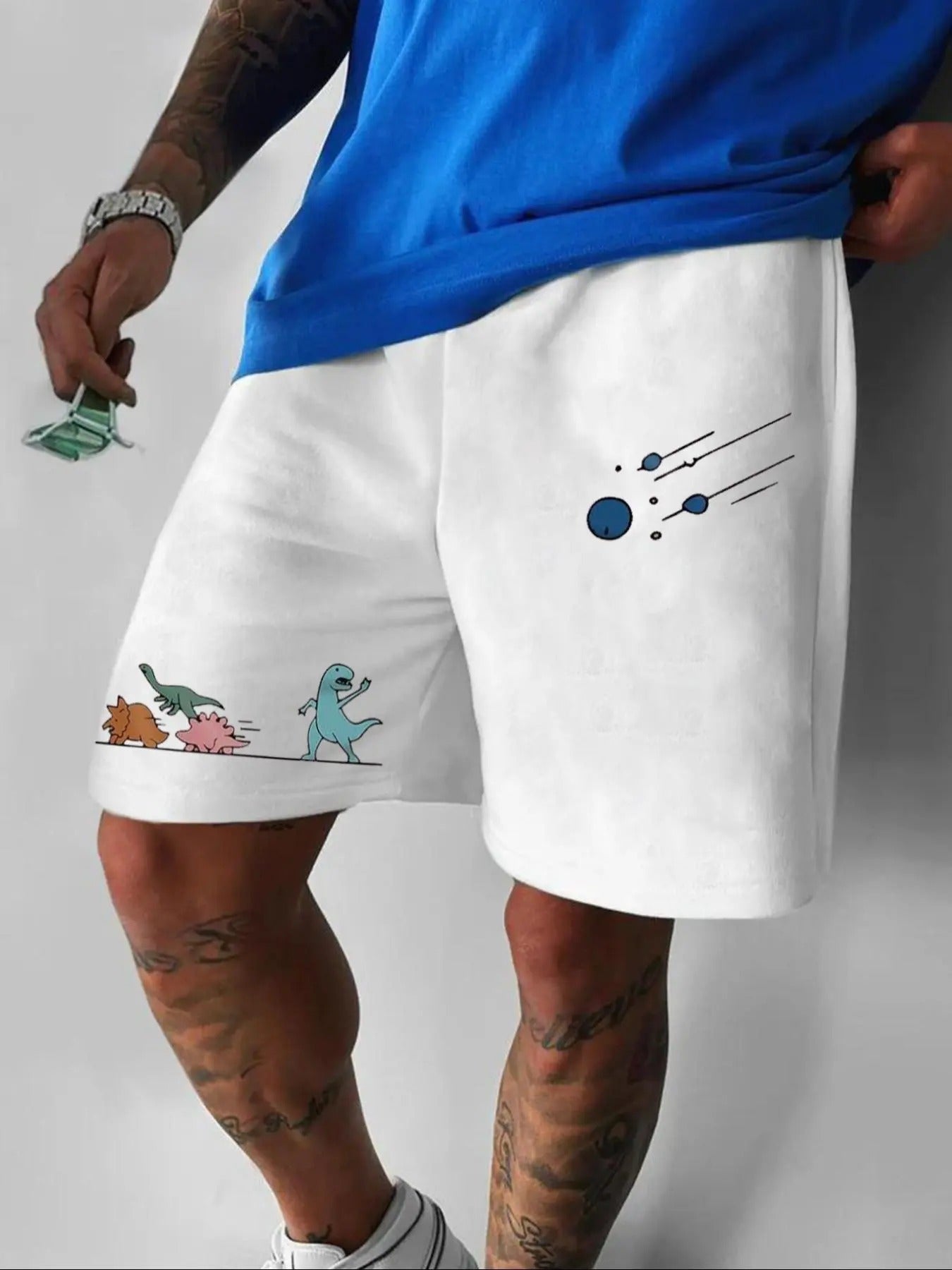 Men'WB shield Regular Fit Cartoon Dinosaur Print Drawstring Waist Shorts, Casual Pocket Elastic Waist Shorts for Summer,...