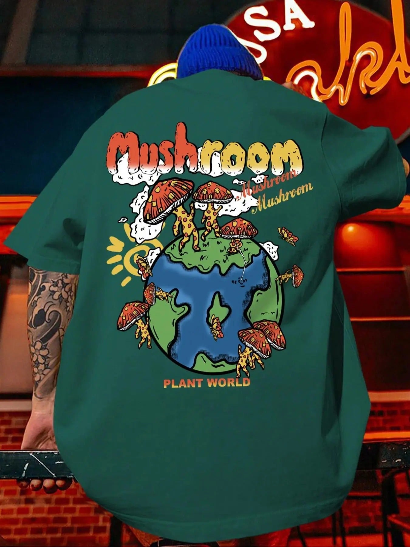 Men'WB shield Regular Fit Cartoon Mushroom & Letter Print Drop Shoulder Round Neck Tee, Graphic Tees, Casual Comfy Crew...