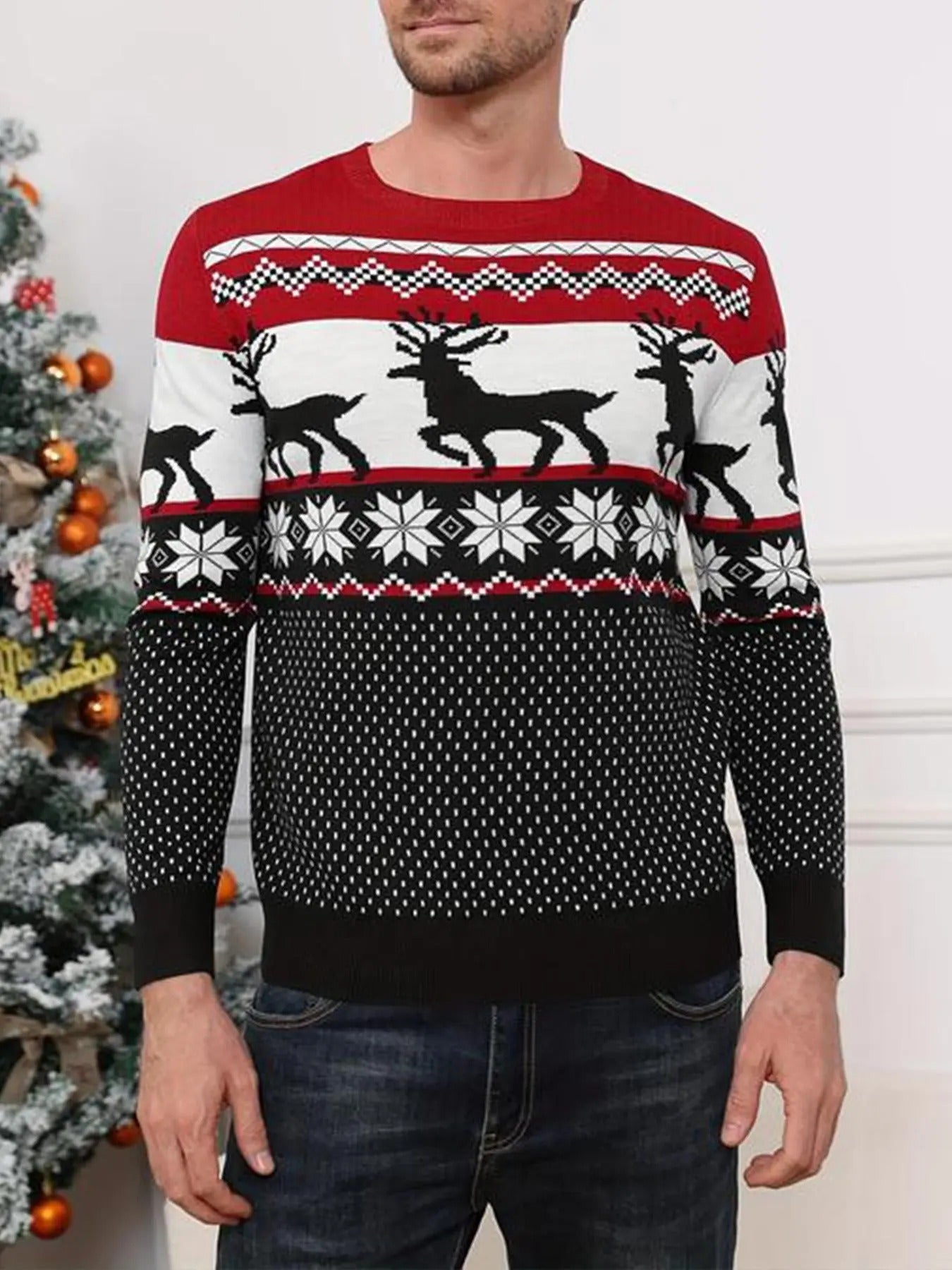 Men'WB shield Regular Fit Christmas Print Polka Dot Round Neck Sweater, Casual Long Sleeve Crew Neck Jumper for Fall &...