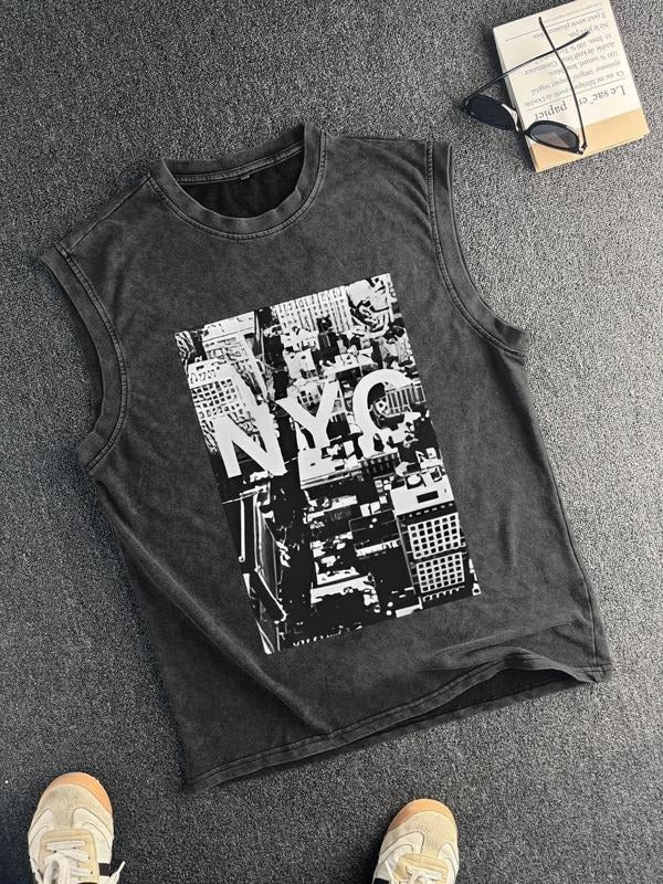 Men'WB shield Regular Fit City & Letter Print Tank Top, Casual Sleeveless Round Neck Top for Summer, Fashion Men'WB...