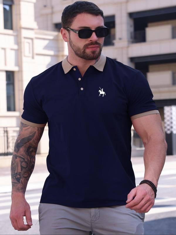 Men'WB shield Regular Fit Colorblock & Horse Print Polo Shirt, Casual Short Sleeve Half Placket Collared Top for Summer,...