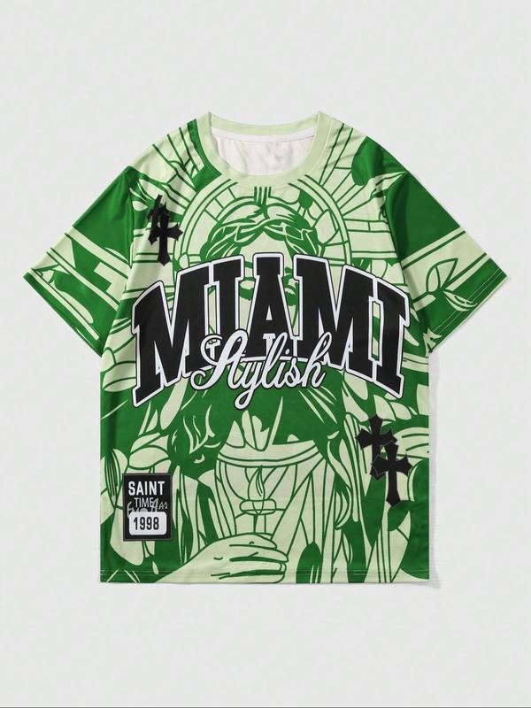 Men'WB shield Regular Fit Cross & Letter Print Round Neck Tee, Casual Short Sleeve Crew Neck T-shirt for Daily Wear,...
