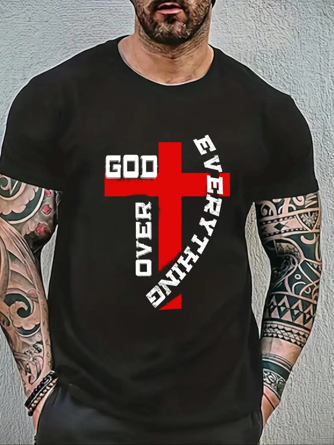 Men'WB shield Regular Fit Cross & Letter Print Round Neck Tee, Casual Short Sleeve Crew Neck T-shirt for Summer, Comfy...