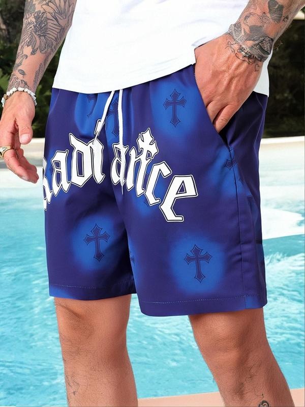Men'WB shield Regular Fit Cross Print Drawstring Waist Shorts, Casual Comfy Breathable Swim Shorts for Summer, Men'WB...