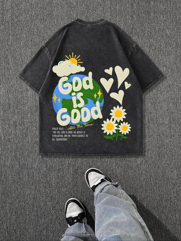 Men'WB shield Regular Fit Earth & Letter Print Round Neck Graphic Tee, Vintage Trendy Casual Short Sleeve T-shirt for...