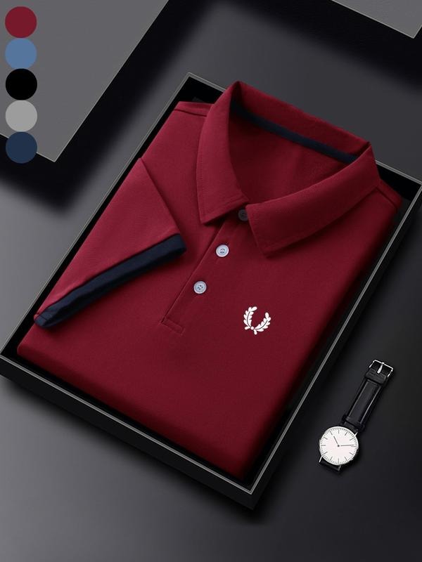 Men'WB shield Regular Fit Fashionable Patchwork Print Polo Shirt, Casual Short Sleeve Collared Top for Summer, Casual...