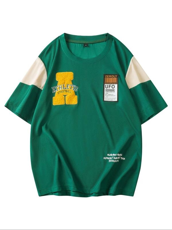 Men'WB shield Regular Fit Figure & Letter Patched Short Sleeve Tee, Casual Crew Neck T-shirt for Summer, Fashion Men'WB...