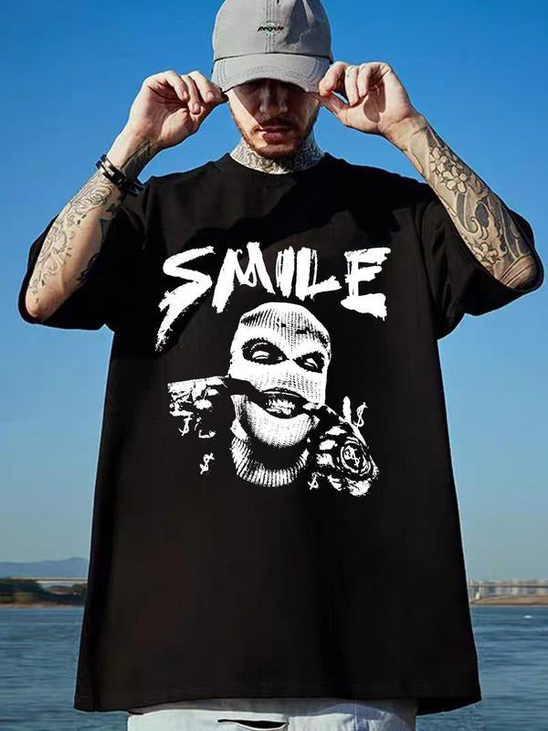 Men'WB shield Regular Fit Figure & Letter Print Drop Shoulder Graphic Tee, Street Fashion Casual FOG Comfy Half Sleeve...