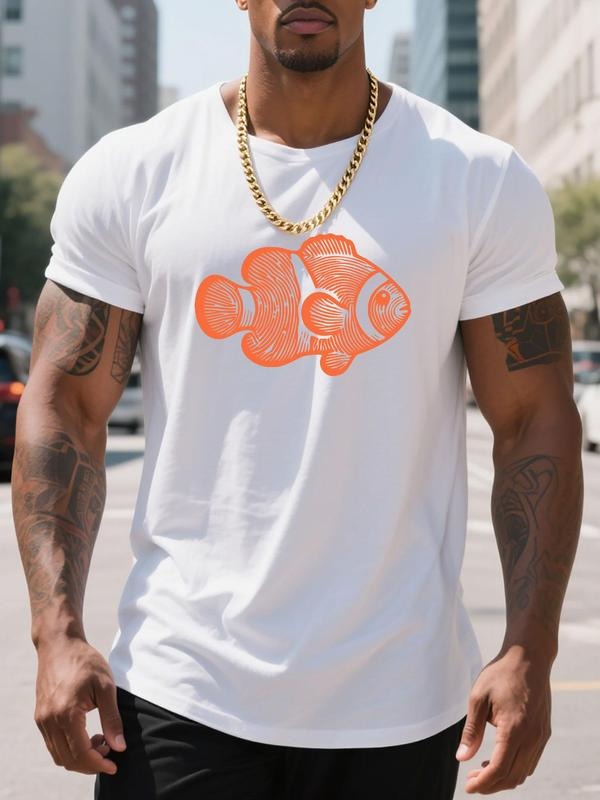 Men'WB shield Regular Fit Fish Print Round Neck Tee, Casual Short Sleeve Crew Neck T-shirt for Summer, Fashion Men'WB...