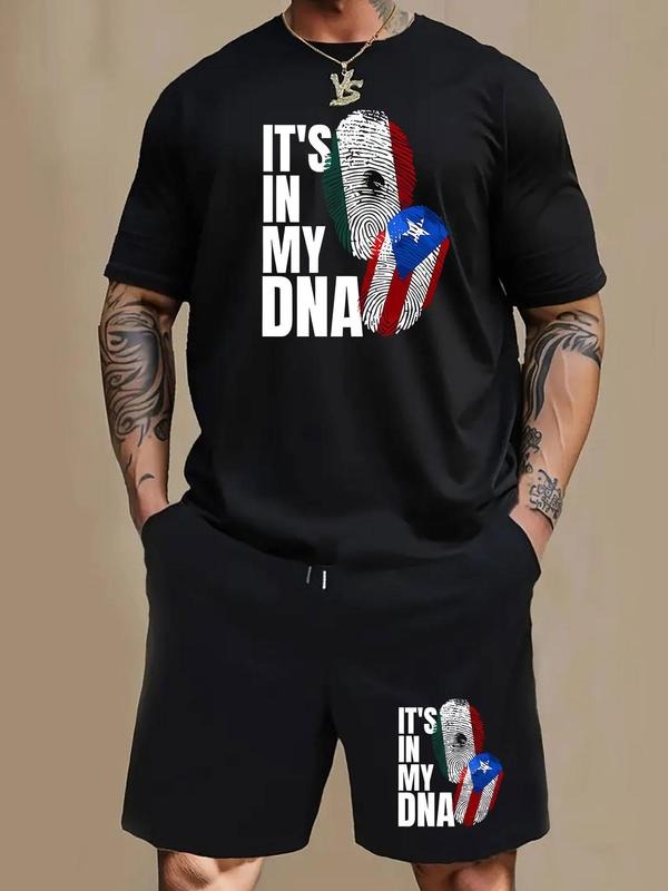 Men'WB shield Regular Fit Flag Letter Print Short Sleeve Tee & Pocket Shorts Set, Casual Round Neck T-shirt & Drawstring...