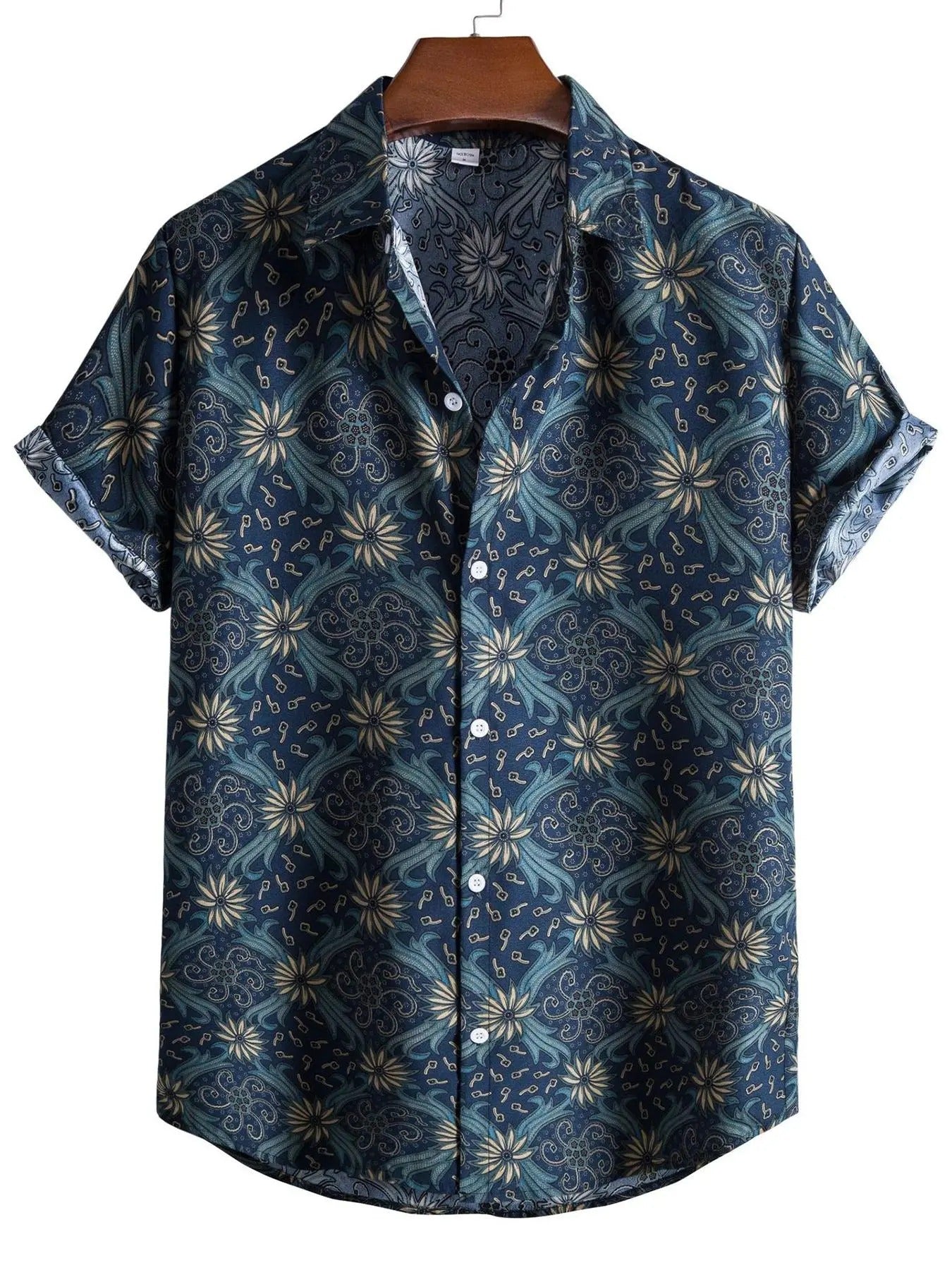 Men'WB shield Regular Fit Floral Print Button Front Shirt, Boho Casual Short Sleeve Collar Shirt for Summer, Menswear for...