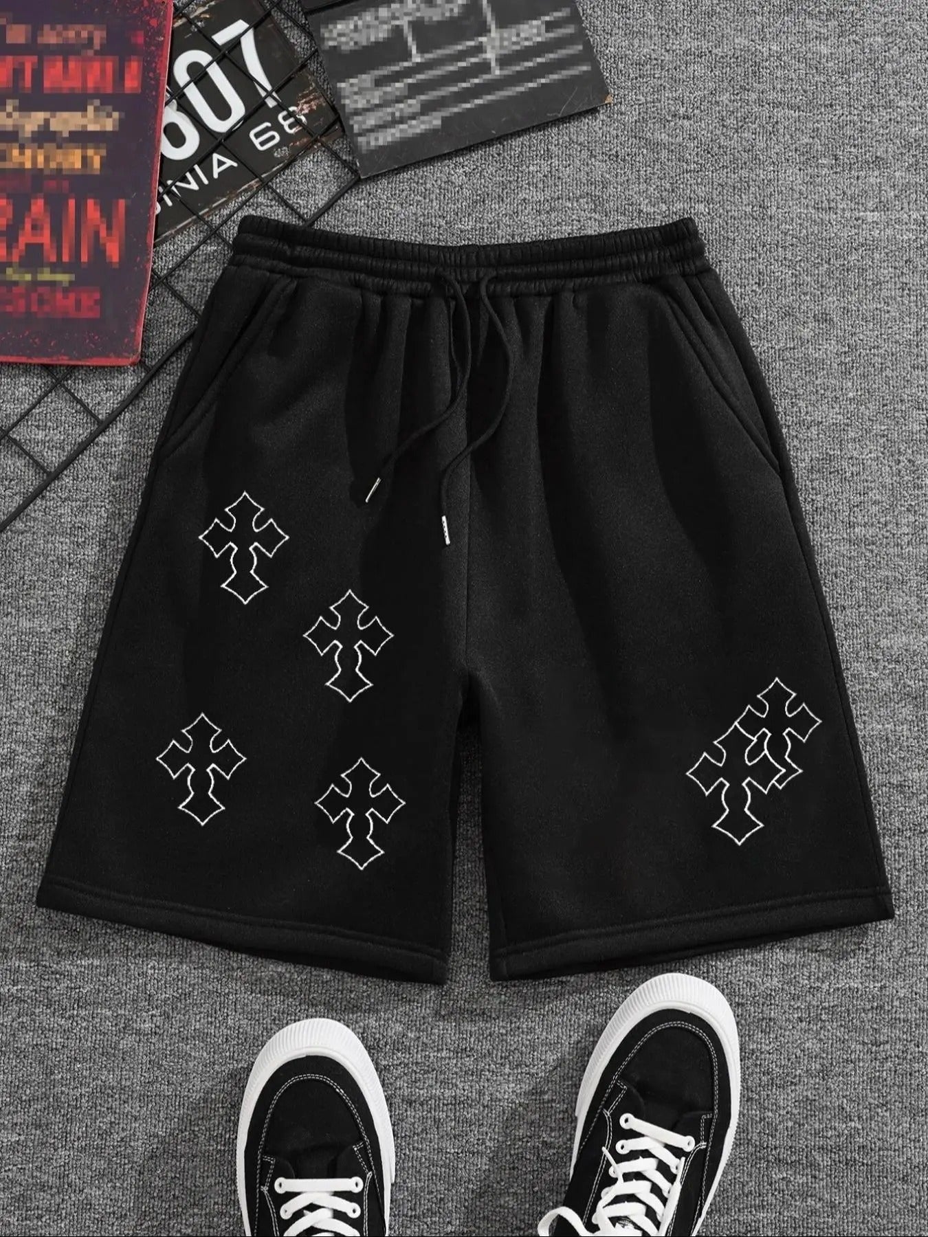 Men'WB shield Regular Fit Geometric Print Drawstring Waist Shorts, Casual Pocket Track Shorts for Daily Wear, Woven...