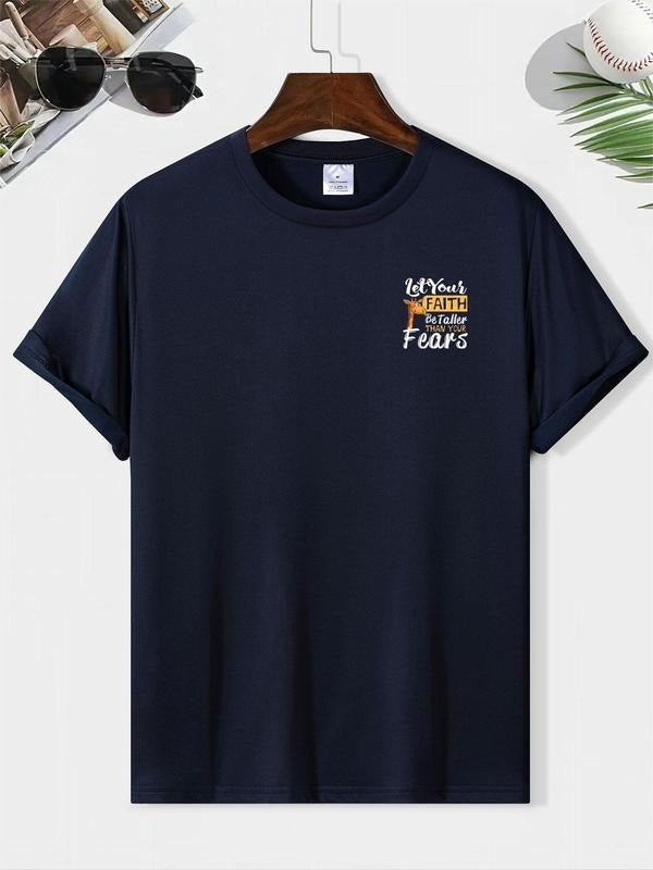 Men'WB shield Regular Fit Giraffe & Letter Print Graphic Tee, Casual Comfy Round Neck Short Sleeve T-shirt for Summer,...