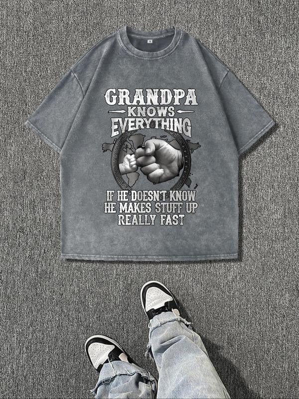 Men'WB shield Regular Fit Grandpa Knows Everything Letter Print Round Neck Graphic Tee, Vintage Trendy Casual Short...