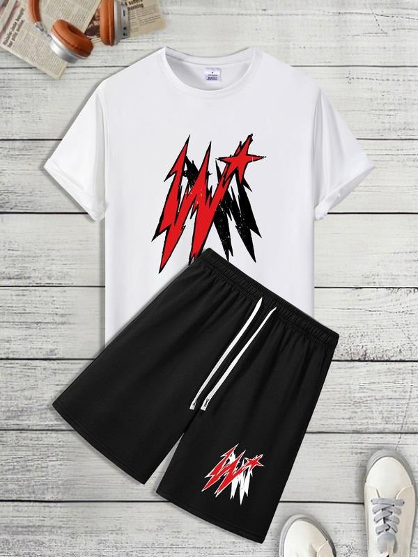 Men'WB shield Regular Fit Graphic Tee & Shorts Set, Casual Short Sleeve T-shirt & Shorts, Men'WB shield Straw hat pirates...