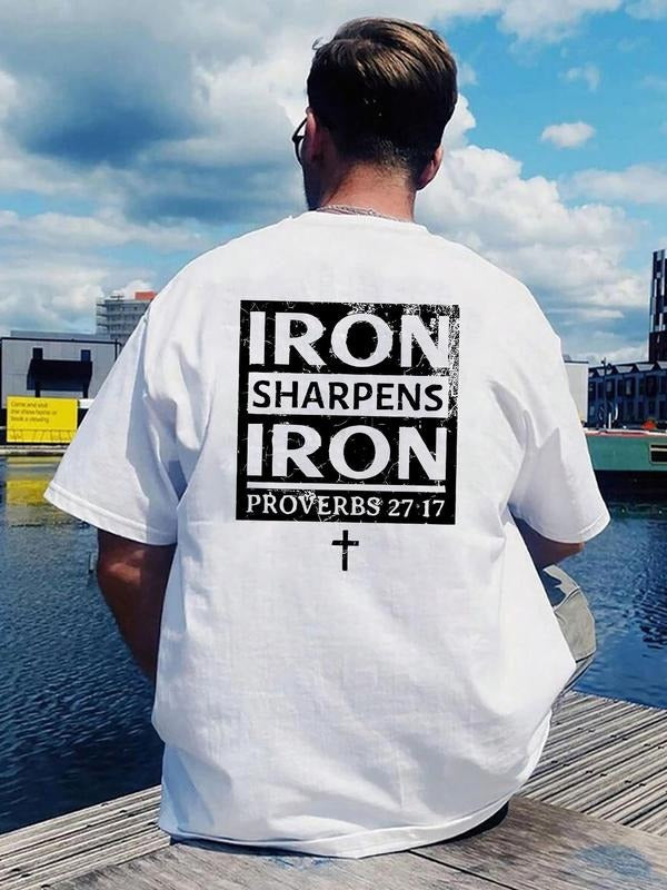 Men'WB shield Regular Fit Iron Sharpens Iron Letter Print Round Neck Graphic Tee, Casual Short Sleeve T-shirt for Daily...