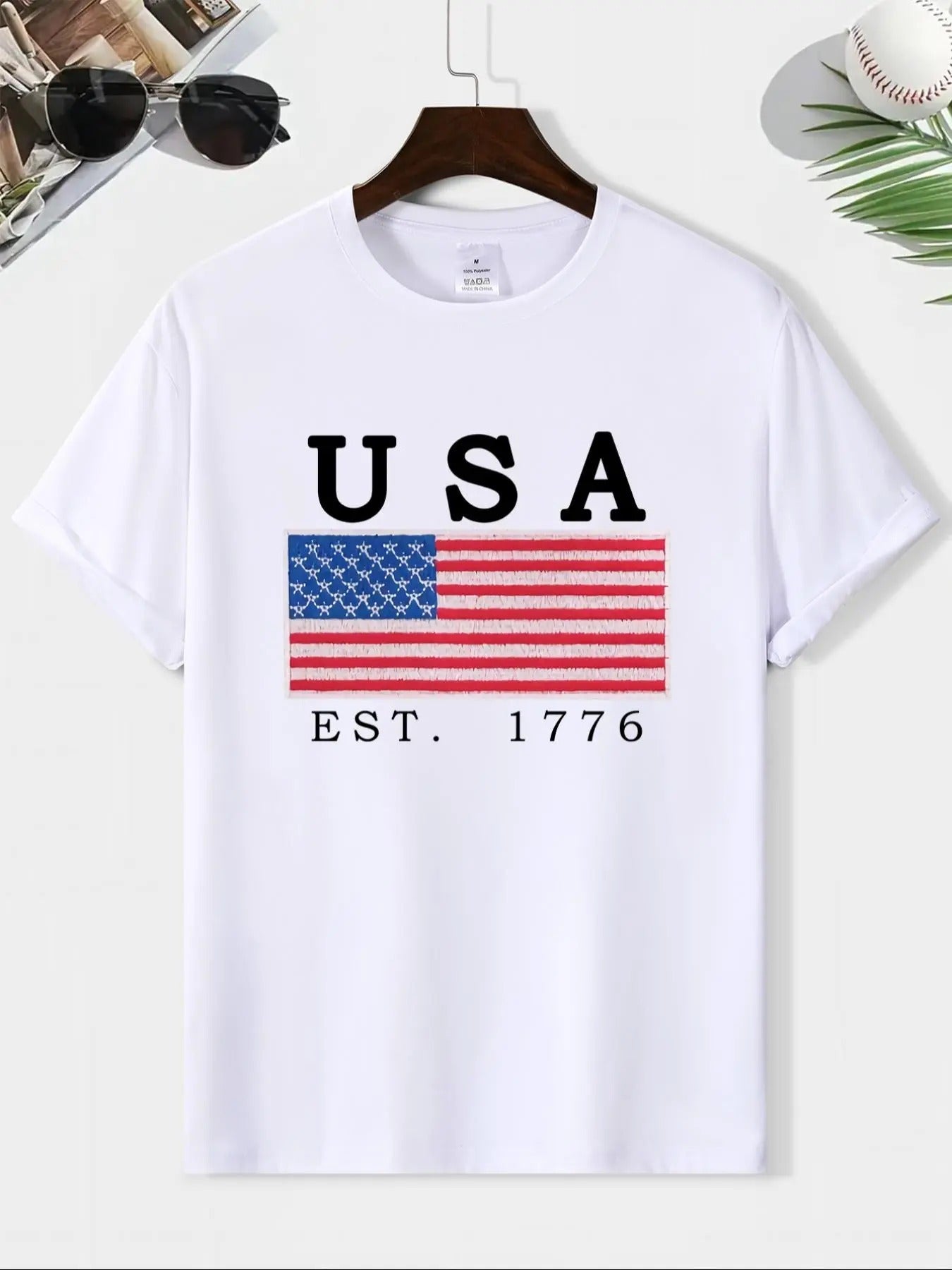 Men'WB shield Regular Fit Letter & American Flag Print Round Neck Tee, Casual Comfy Short Sleeve T-shirt for Daily Wear,...