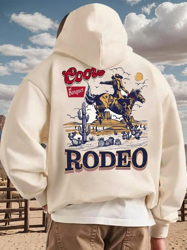 Men'WB shield Regular Fit Letter & Cowboy Print Hoodie, Casual Graphic Hooded Sweatshirt for Fall & Winter, Men'WB shield...