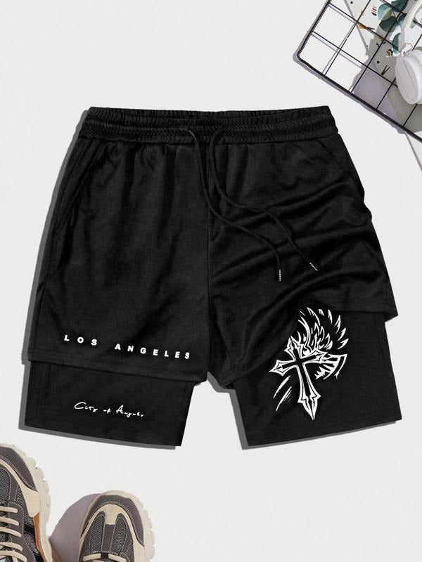 Men'WB shield Regular Fit Letter & Cross Print 2 Red plumber brand Swoosh Drawstring Waist Graphic Shorts, Casual Comfy...
