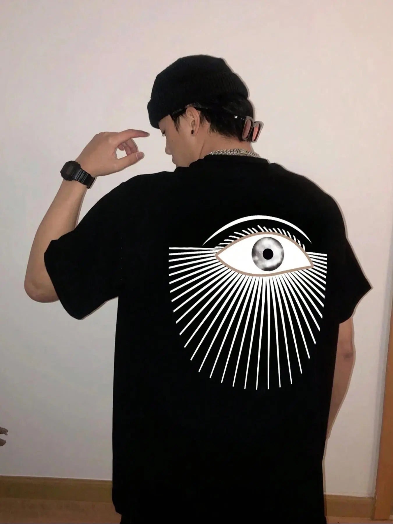 Men'WB shield Regular Fit Letter & Eye Print Round Neck Tee, Casual Short Sleeve T-Shirt for Summer, Menswear for Daily...