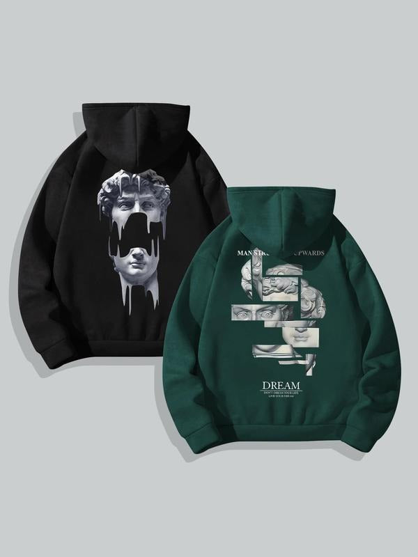 Men'WB shield Regular Fit Letter & Figure Print Drop Shoulder Hoodie, Fashion Casual Drawstring Pocket Hooded Sweatshirt...
