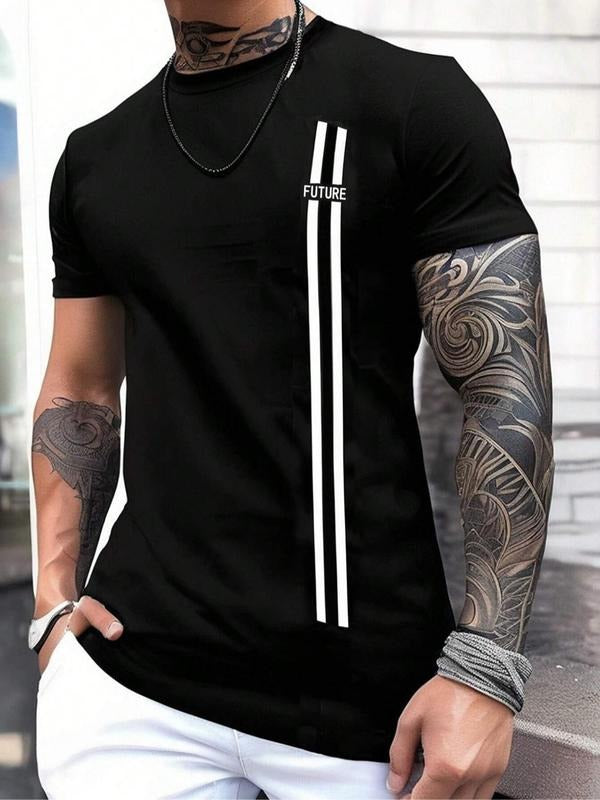 Men'WB shield Regular Fit Letter & Figure Print Round Neck Tee, Street Fashion Casual Short Sleeve T-shirt for Daily...