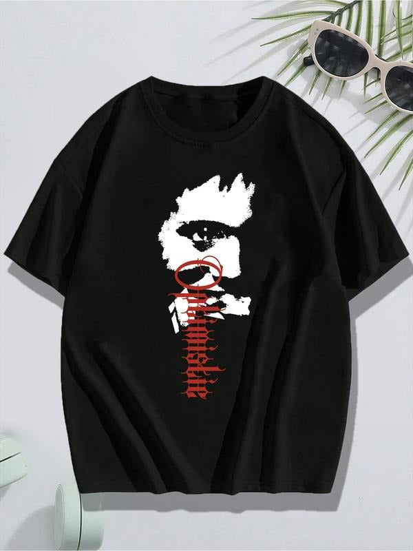 Men'WB shield Regular Fit Letter & Figure Print Round Neck Tee, Street Fashion Short Sleeve T-shirt for Daily Wear,...