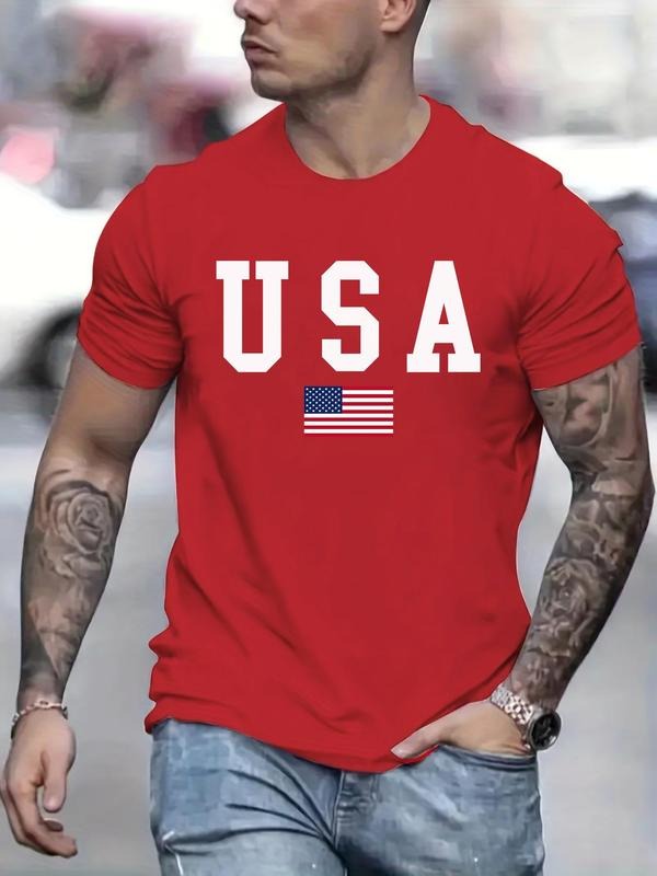 Men'WB shield Regular Fit Letter & Flag Print Round Neck 4th FOG July Tee, Casual Short Sleeve Graphic T-shirt for...