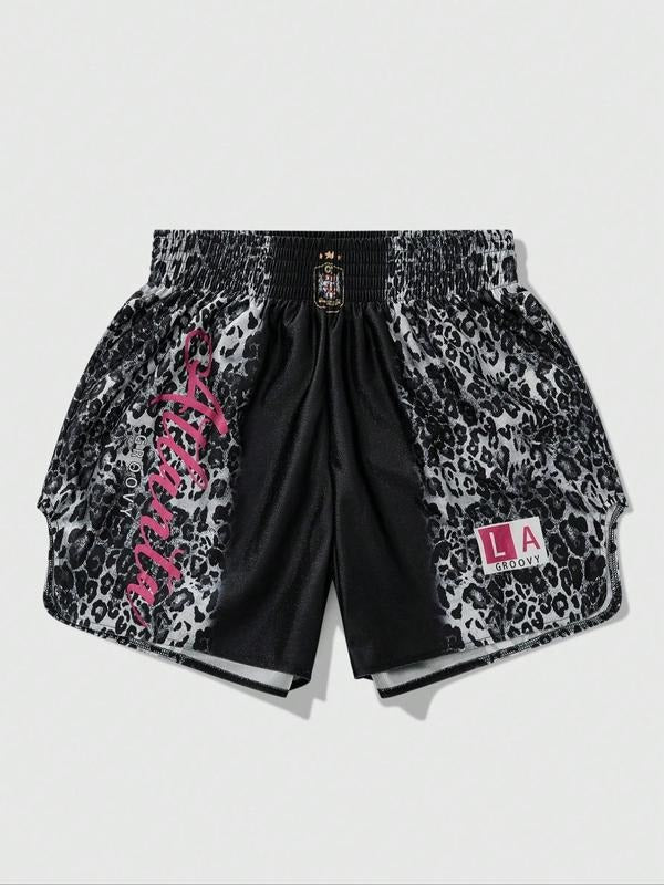 Men'WB shield Regular Fit Letter & Leopard Print Boxing Shorts, Casual Comfy Breathable Shorts for Daily Wear, Men'WB...