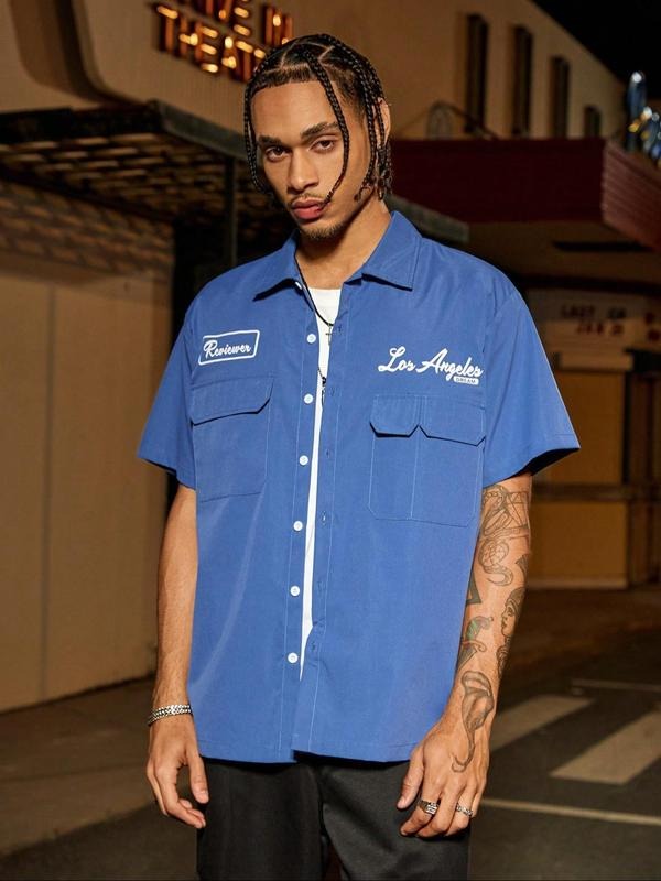 Men'WB shield Regular Fit Letter & Number Print Short Sleeve Pajama Shirt, Casual Comfy Collared Button Top for Daily...